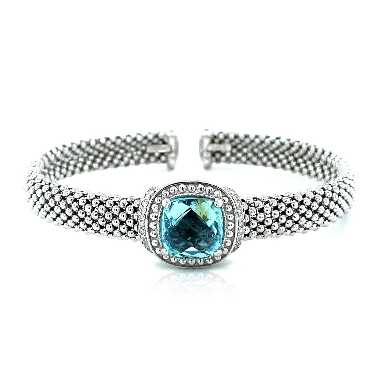 Popcorn Texture Cuff Bangle with Blue Topaz and Diamonds in Sterling Silver (8.00 mm)