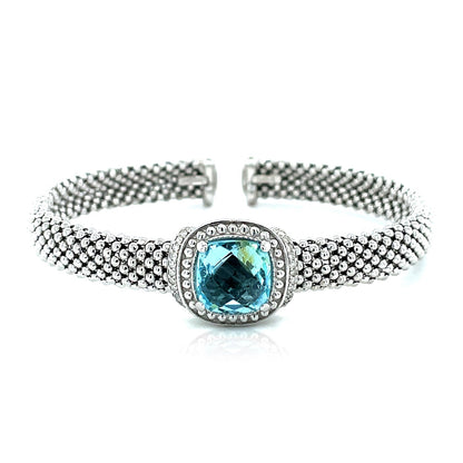 Popcorn Texture Cuff Bangle with Blue Topaz and Diamonds in Sterling Silver (8.00 mm)