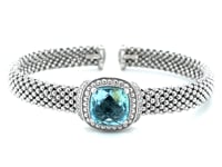 Popcorn Texture Cuff Bangle with Blue Topaz and Diamonds in Sterling Silver