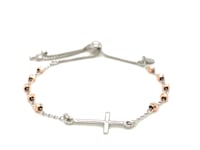 Sterling Silver White and Rose Finish Adjustable Bracelet with Cross (1.20 mm)