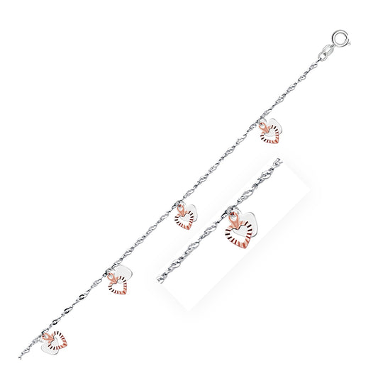 14k White and Rose Gold Anklet with Dual Heart Charms